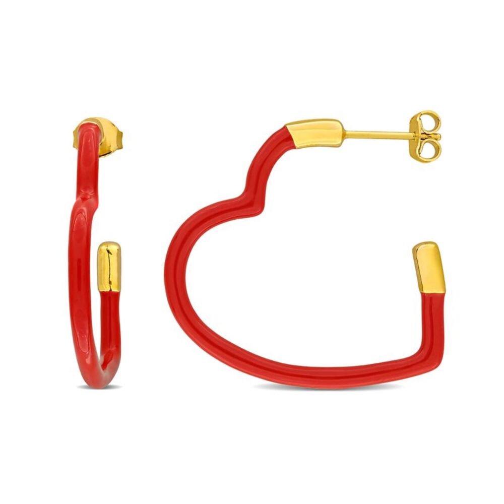 Sterling Silver Open Heart Hoop Earrings with Red Enamel